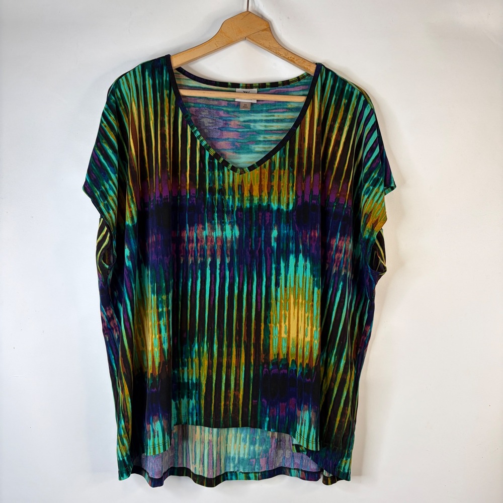 Worthington Blouse Women 2X Multicolor Abstract Striped V-Neck High-Low Stretch